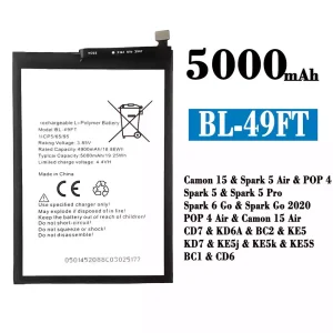 Batteria BL-49FT per Tecno Camon 15 /Camon 15 Air/ Spark 5 Air /Spark 5 / Spark 5 Pro / Spark 6 Go / Spark Go 2020 / POP 4/POP 4 Air